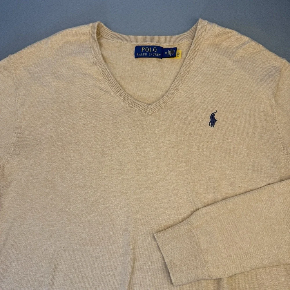 Ralph Lauren Polo Pima Cotton V-Neck Sweater Tan w/Navy Pony Men's Size M